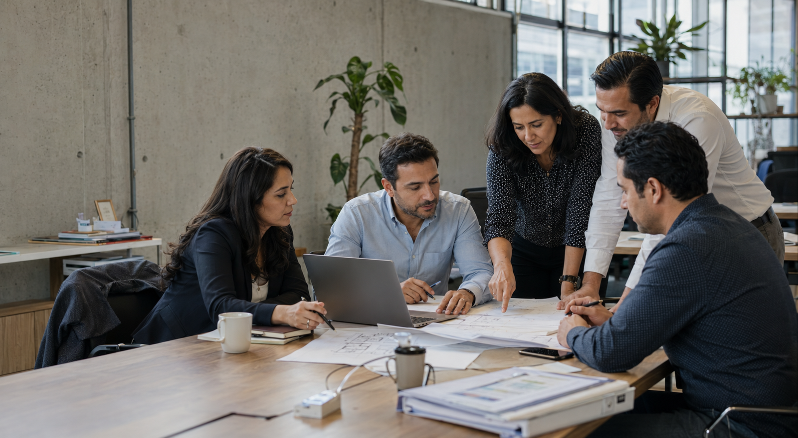 Profesionales hispanos colaborando en una oficina ejecutiva latinoamericana